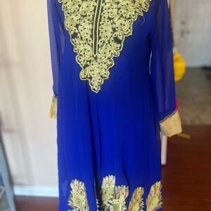 Blue and Gold 3/4 Sleeve Cocktail Dress